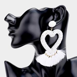 Seed Bead Heart White Tassel Earrings